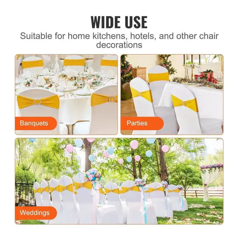 100 housses de chaise extensibles dorées/jaunes en spandex avec boucle ronde, bandes élastiques pour chaise de mariage/banquet/fête