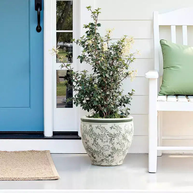 LuxenHome Green Paisley Ceramic Planter, Round, Indoor & Outdoor Flower Pot