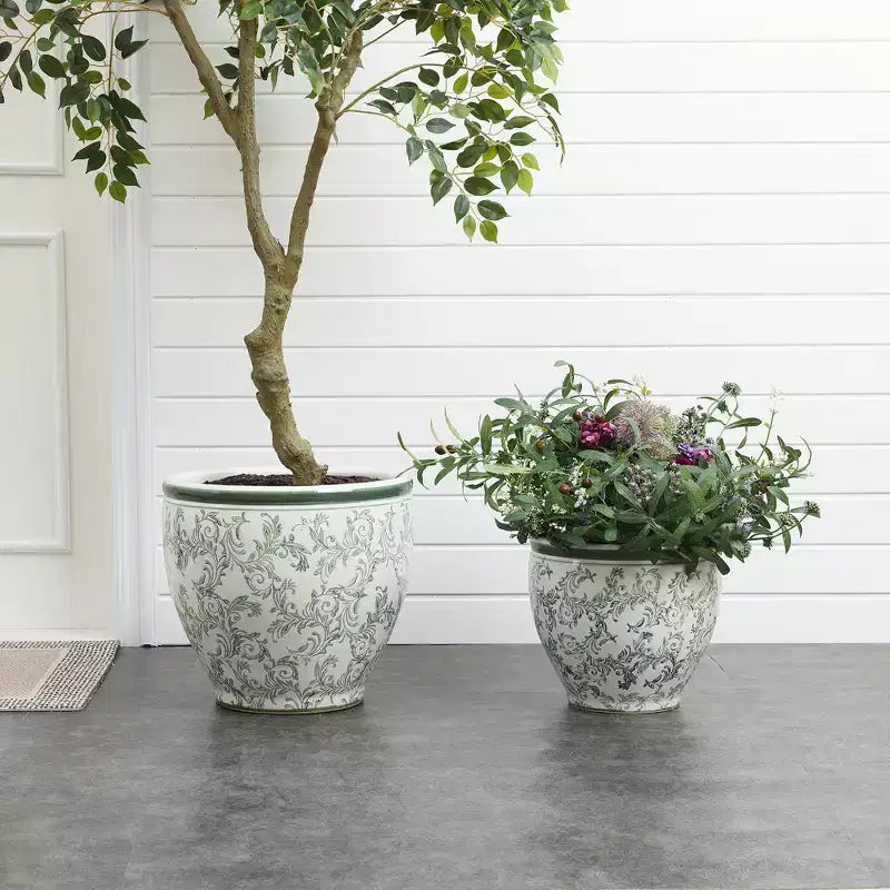 Pot de fleurs en céramique verte, rond, pour intérieur et extérieur