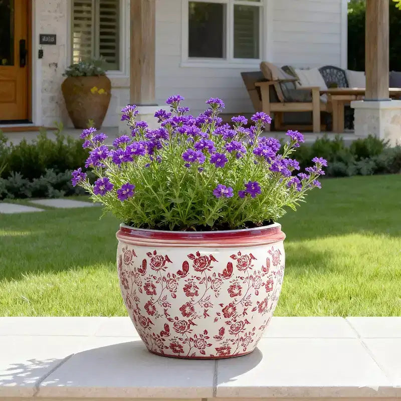 LuxenHome Red Floral Ceramic Planter, Round, Indoor & Outdoor Garden Pot
