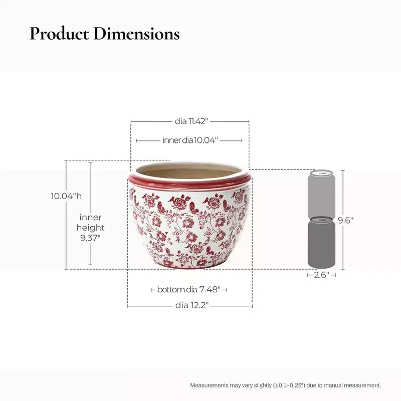 Jardinière en céramique florale rouge, ronde, pour jardin intérieur et extérieur