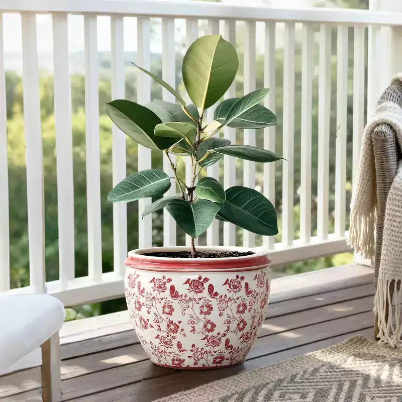 Jardinière en céramique florale rouge, ronde, pour jardin intérieur et extérieur
