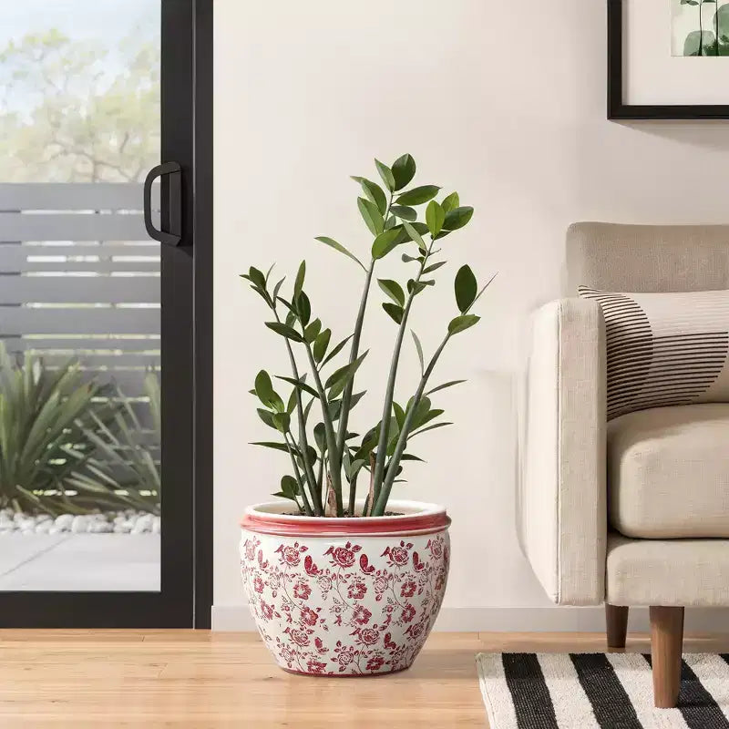 Jardinière en céramique florale rouge, ronde, pour jardin intérieur et extérieur