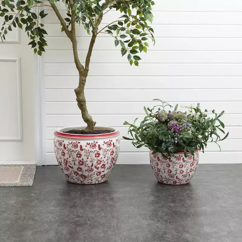 Jardinière en céramique florale rouge, ronde, pour jardin intérieur et extérieur