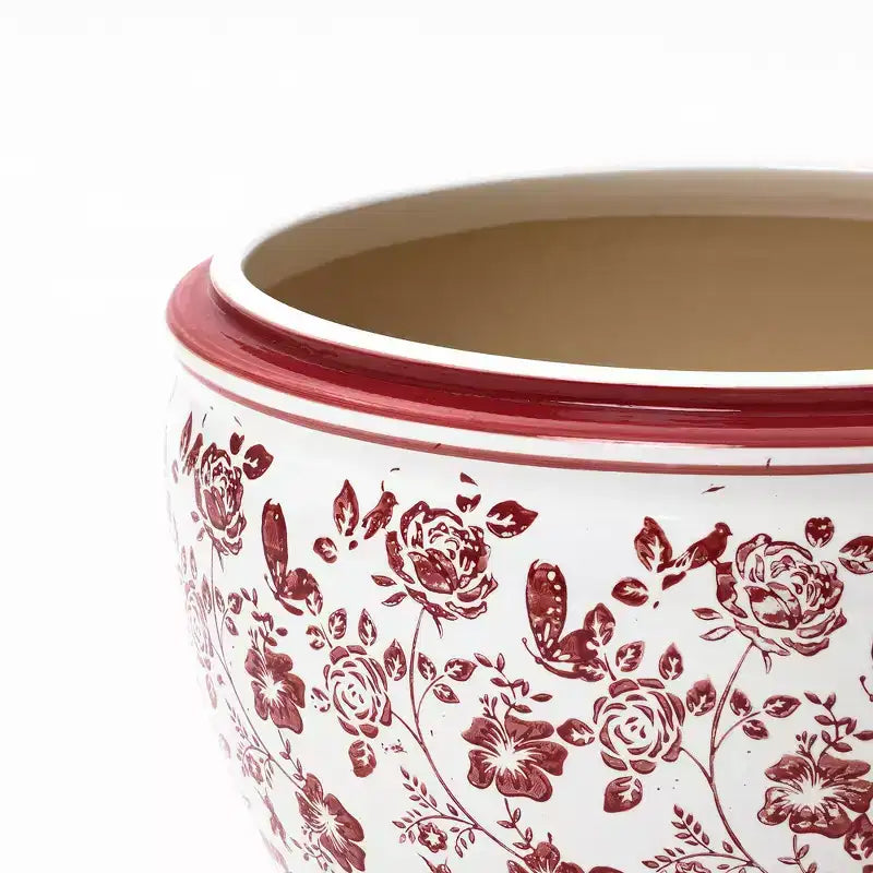 Jardinière en céramique florale rouge, ronde, pour jardin intérieur et extérieur