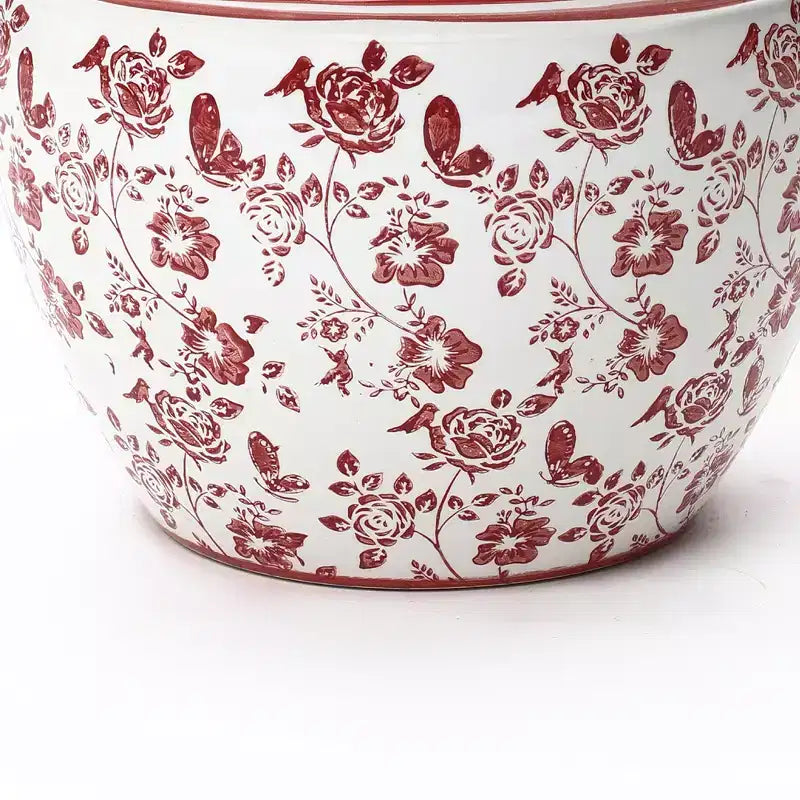 Jardinière en céramique florale rouge, ronde, pour jardin intérieur et extérieur