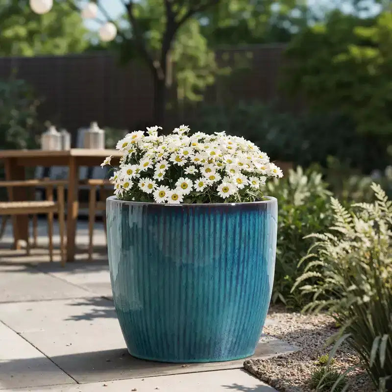 LuxenHome Forest Fade Ribbed Ceramic Planter, Glossy Blue-Green Pot with Brown Rim