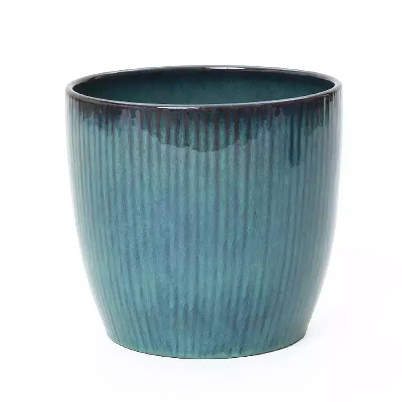 Jardinière en céramique cannelée LuxenHome Forest Fade, pot bleu-vert brillant avec bord marron