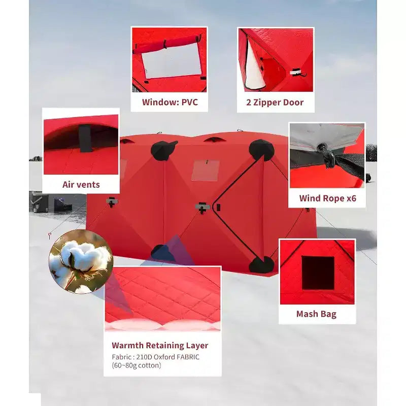 Tente de pêche sur glace escamotable isolée de type moyeu portable – Abri de pêche sur glace en tissu Oxford imperméable, comprend des ancres, des cordes et un sac de transport