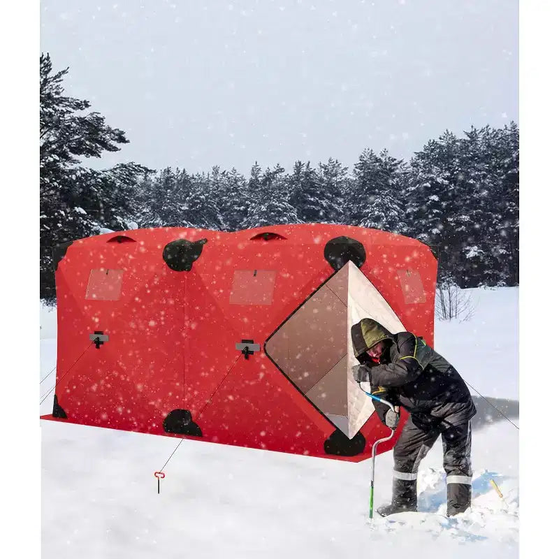 Tente de pêche sur glace escamotable isolée de type moyeu portable – Abri de pêche sur glace en tissu Oxford imperméable, comprend des ancres, des cordes et un sac de transport