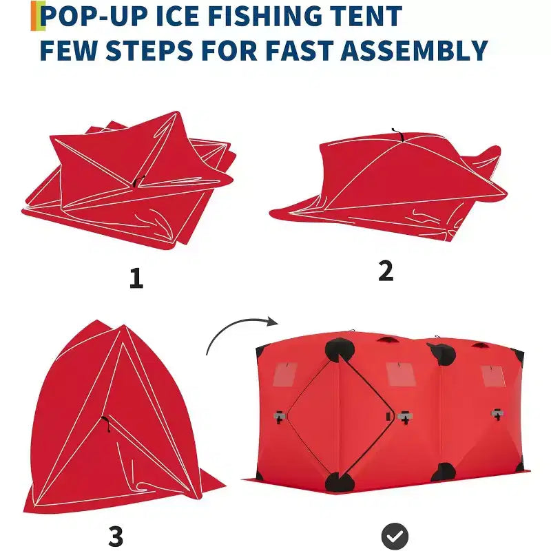 Tente de pêche sur glace escamotable isolée de type moyeu portable – Abri de pêche sur glace en tissu Oxford imperméable, comprend des ancres, des cordes et un sac de transport