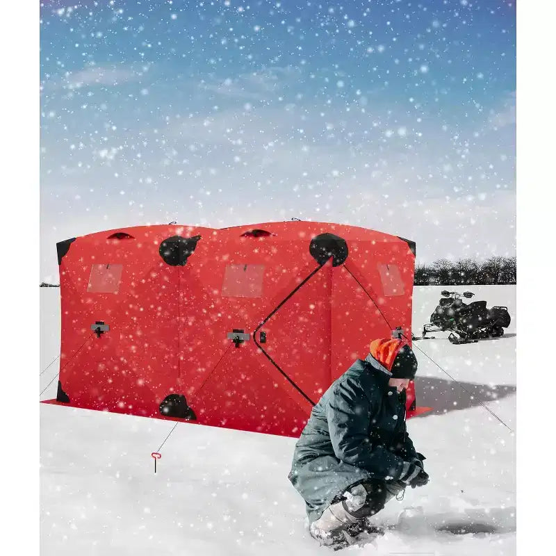Tente de pêche sur glace escamotable isolée de type moyeu portable – Abri de pêche sur glace en tissu Oxford imperméable, comprend des ancres, des cordes et un sac de transport