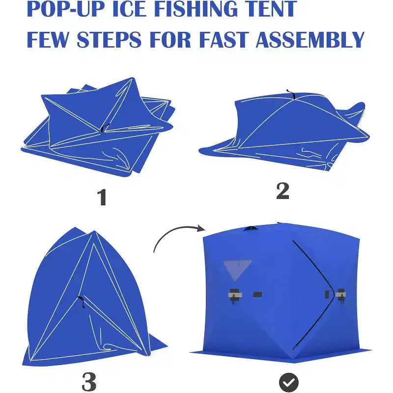 Tente de pêche sur glace escamotable isolée de type moyeu portable – Abri de pêche sur glace en tissu Oxford imperméable, comprend des ancres, des cordes et un sac de transport