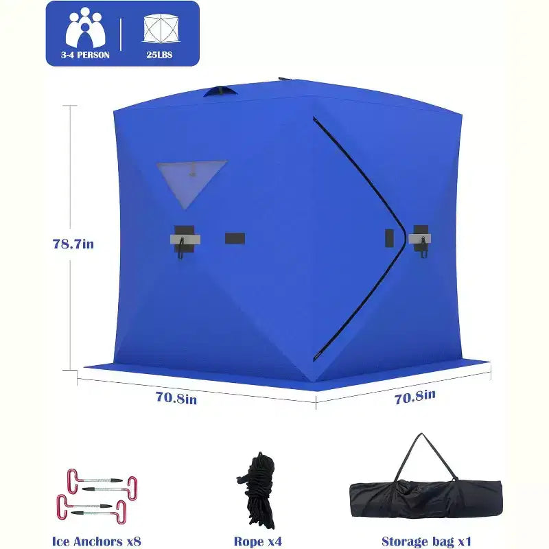 Tente de pêche sur glace escamotable isolée de type moyeu portable – Abri de pêche sur glace en tissu Oxford imperméable, comprend des ancres, des cordes et un sac de transport
