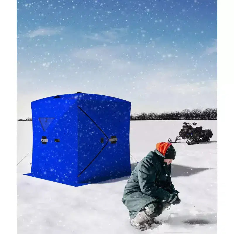 Tente de pêche sur glace escamotable isolée de type moyeu portable – Abri de pêche sur glace en tissu Oxford imperméable, comprend des ancres, des cordes et un sac de transport