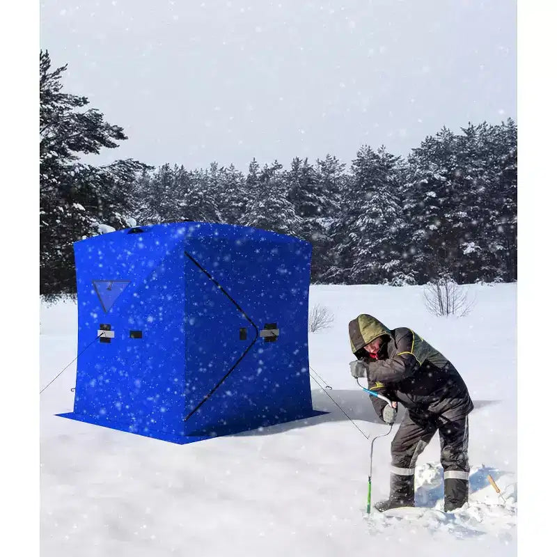 Tente de pêche sur glace escamotable isolée de type moyeu portable – Abri de pêche sur glace en tissu Oxford imperméable, comprend des ancres, des cordes et un sac de transport