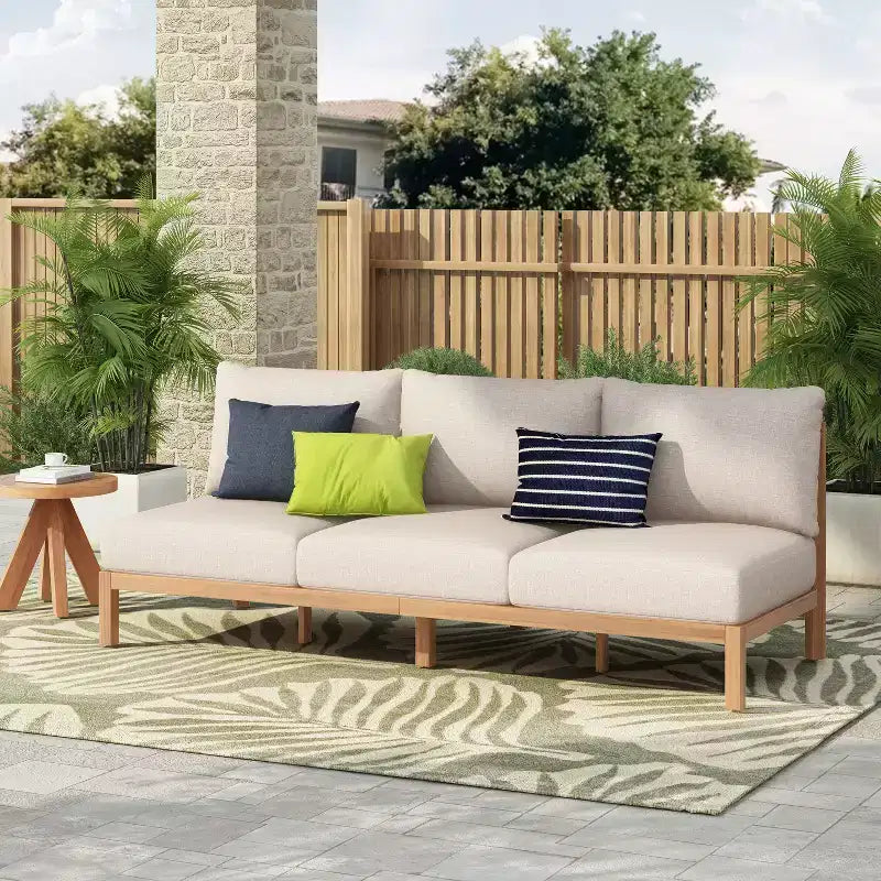 Christopher Knight Home Fabienne 73.23'' Modern Patio Acacia Wood 3-Seater Sofa with Woven Rope Backrest