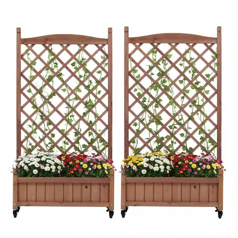2 Pack Raised Garden Bed with Trellis, Outdoor Wooden Planter Box & Plant Stand with Climbing Racks