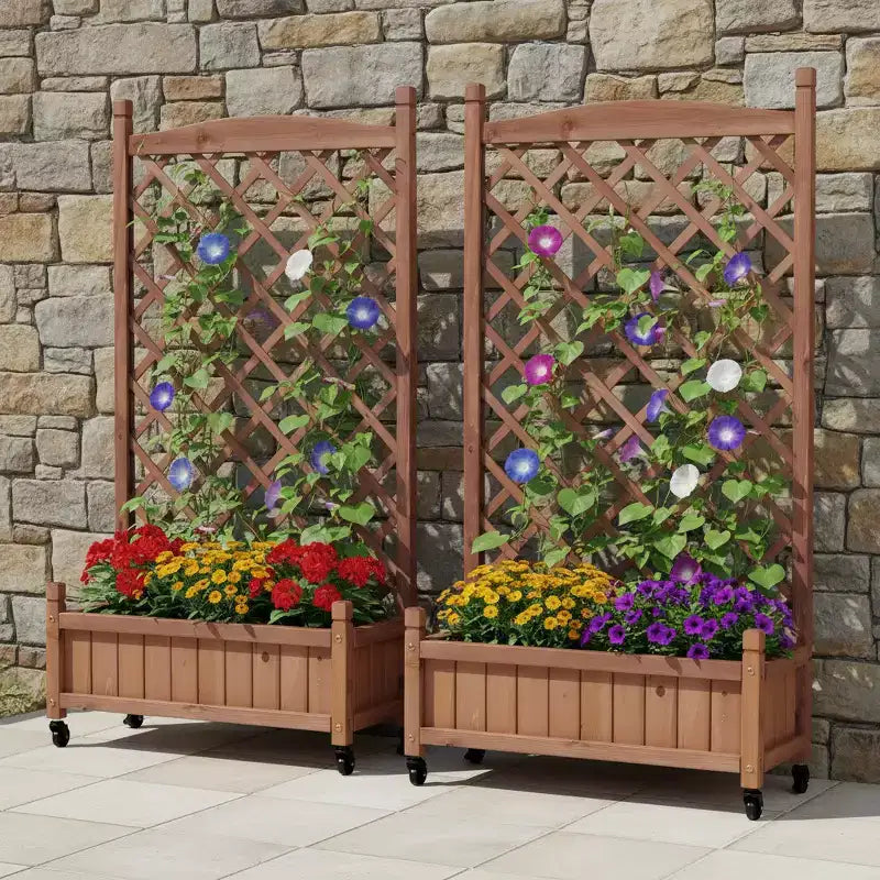 Lot de 2 jardinières surélevées avec treillis, jardinière extérieure en bois et support pour plantes avec supports grimpants