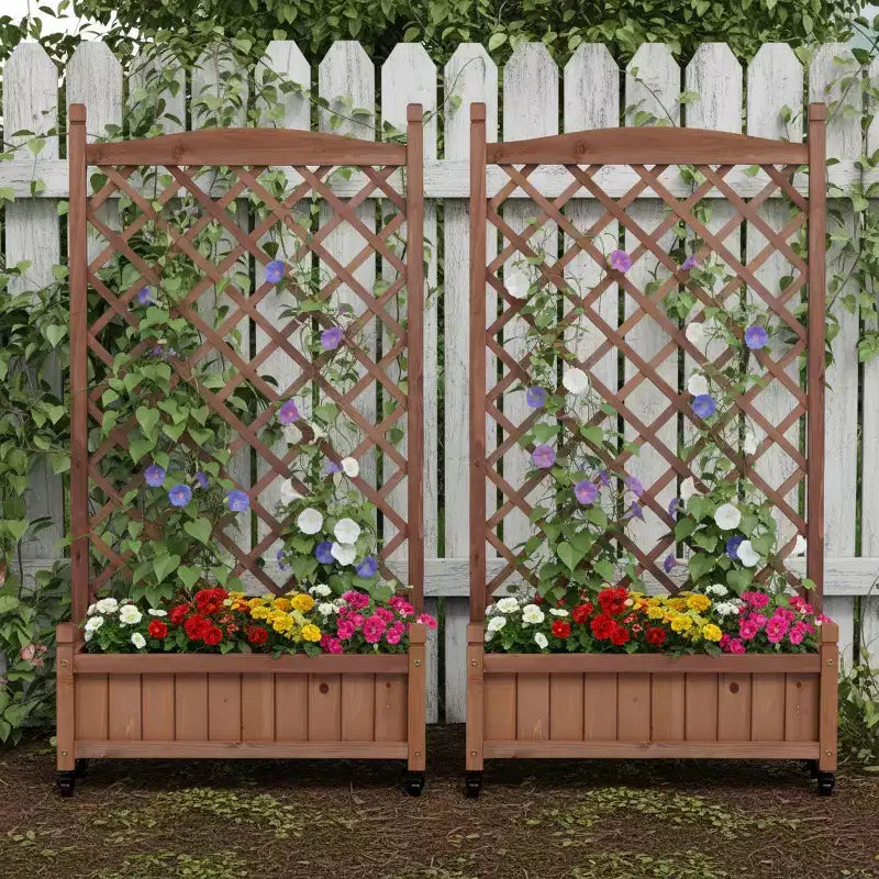 Lot de 2 jardinières surélevées avec treillis, jardinière extérieure en bois et support pour plantes avec supports grimpants