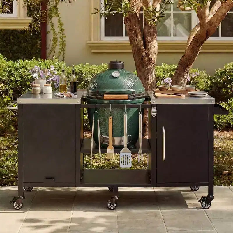 ModernLuxe 72 Large Outdoor Grill Cart for Big Green Egg & Kamado Joe, Stainless Steel Top Kitchen Island with Fold-out Table & Storage Cabinet-Black