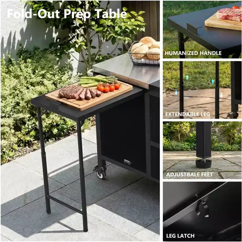 Grande desserte de barbecue extérieure avec plateau en acier inoxydable, îlot de cuisine avec table rabattable et armoire de rangement – Noir