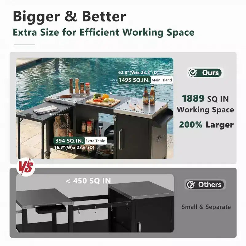 Grande desserte de barbecue extérieure avec plateau en acier inoxydable, îlot de cuisine avec table rabattable et armoire de rangement – Noir