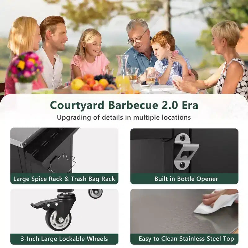 Grande desserte de barbecue extérieure avec plateau en acier inoxydable, îlot de cuisine avec table rabattable et armoire de rangement – Noir