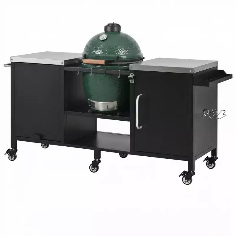 Grande desserte de barbecue extérieure avec plateau en acier inoxydable, îlot de cuisine avec table rabattable et armoire de rangement – Noir