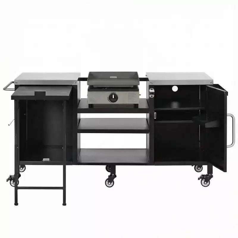 Grande desserte de barbecue extérieure avec plateau en acier inoxydable, îlot de cuisine avec table rabattable et armoire de rangement – Noir