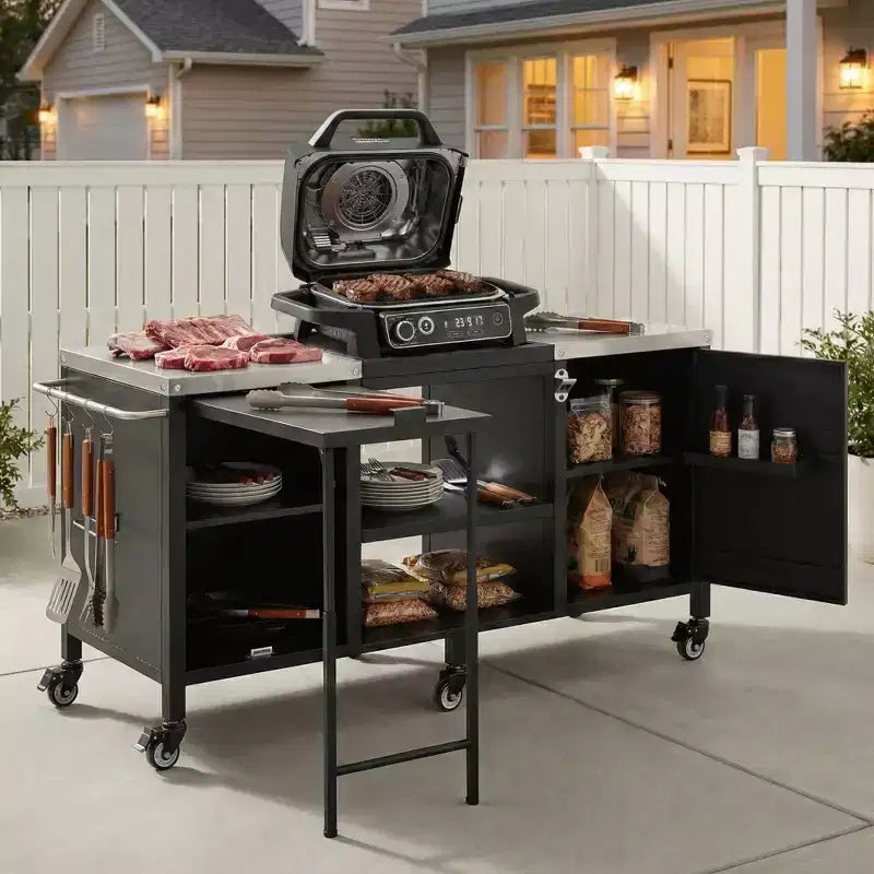 Grande desserte de barbecue extérieure avec plateau en acier inoxydable, îlot de cuisine avec table rabattable et armoire de rangement – Noir