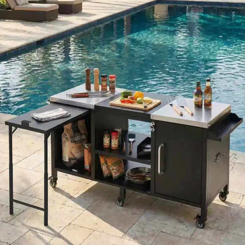 Grande desserte de barbecue extérieure avec plateau en acier inoxydable, îlot de cuisine avec table rabattable et armoire de rangement – Noir