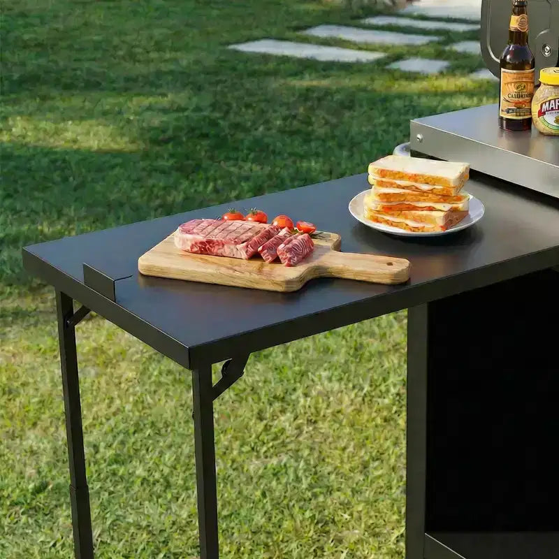 Grande desserte de barbecue extérieure avec plateau en acier inoxydable, îlot de cuisine avec table rabattable et armoire de rangement – Noir