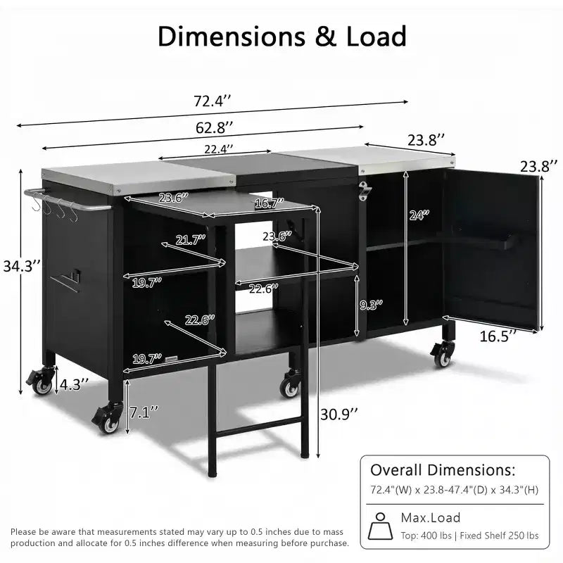 Grande desserte de barbecue extérieure avec plateau en acier inoxydable, îlot de cuisine avec table rabattable et armoire de rangement – Noir