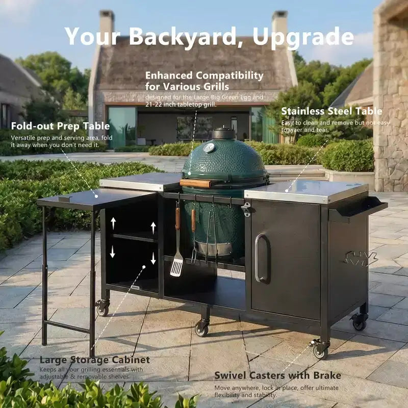 Grande desserte de barbecue extérieure avec plateau en acier inoxydable, îlot de cuisine avec table rabattable et armoire de rangement – Noir