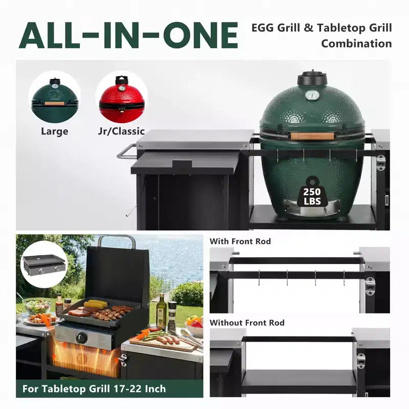Grande desserte de barbecue extérieure avec plateau en acier inoxydable, îlot de cuisine avec table rabattable et armoire de rangement – Noir