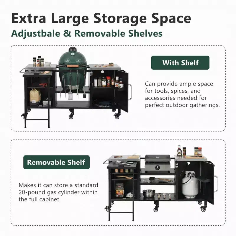 Grande desserte de barbecue extérieure avec plateau en acier inoxydable, îlot de cuisine avec table rabattable et armoire de rangement – Noir