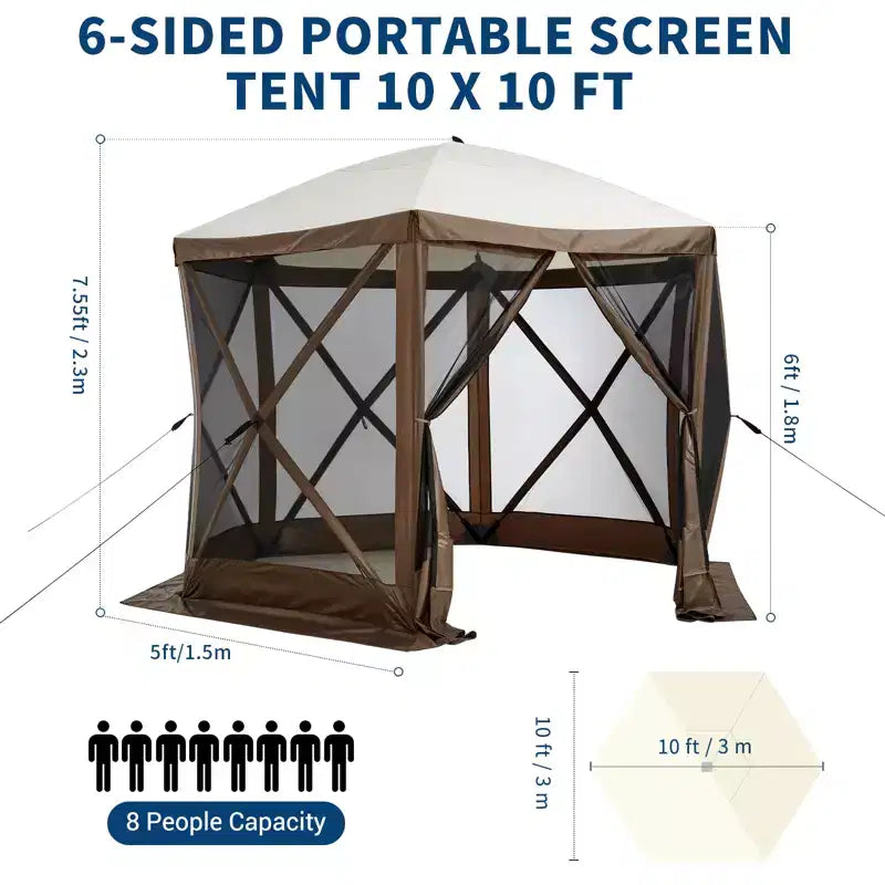 Tonnelle escamotable avec parois entièrement en maille – Abri solaire instantané à 6 côtés avec moustiquaire, inclut un sac de transport à roulettes pour terrasse, pelouse et camping