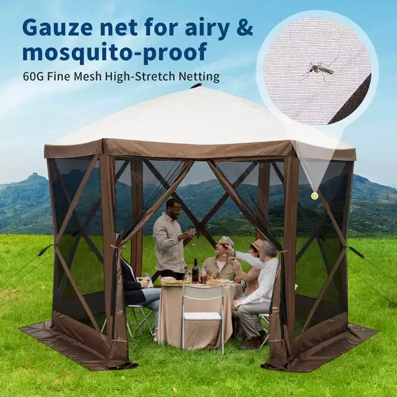 Tonnelle escamotable avec parois entièrement en maille – Abri solaire instantané à 6 côtés avec moustiquaire, inclut un sac de transport à roulettes pour terrasse, pelouse et camping