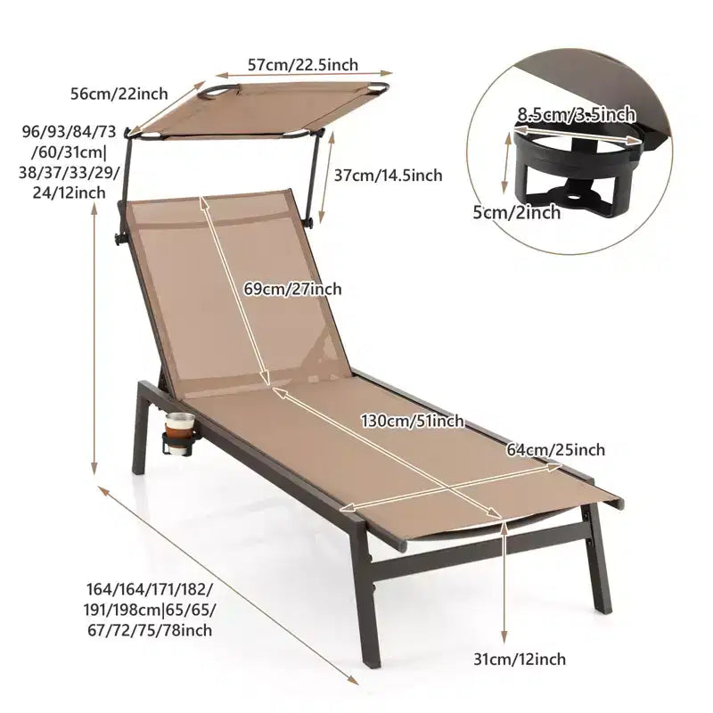 Chaise longue de jardin inclinable (1 ou 2 pièces) avec pare-soleil réglable et 6 positions