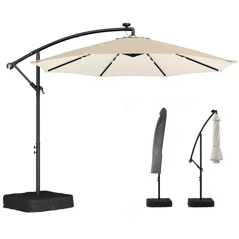 Outsunny 10 ft Cantilever Patio Umbrella with Solar LED Light, Sandbag Weight, Offset Hanging Outdoor Umbrella with Protective Cover, Cream White