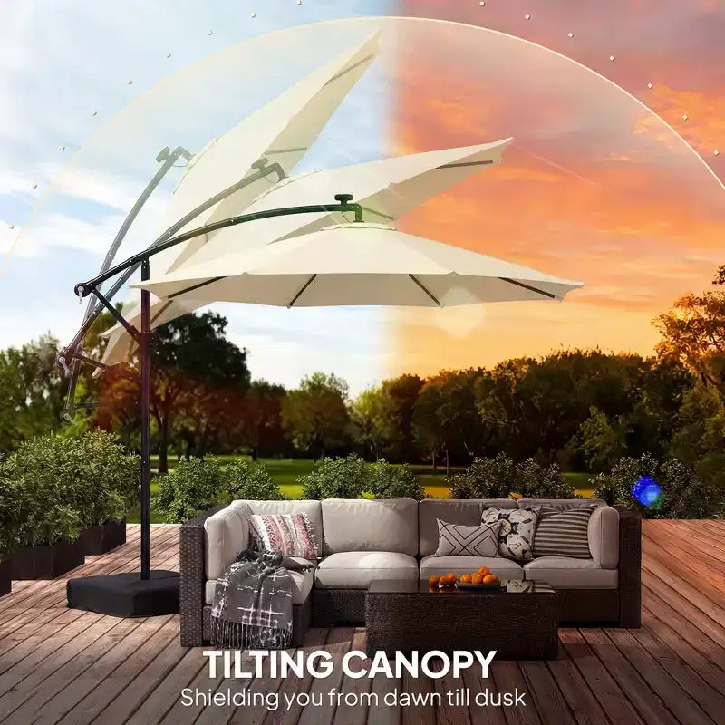 Parasol déporté avec lumière solaire LED, poids de sac de sable, parasol de jardin suspendu avec housse de protection, blanc crème