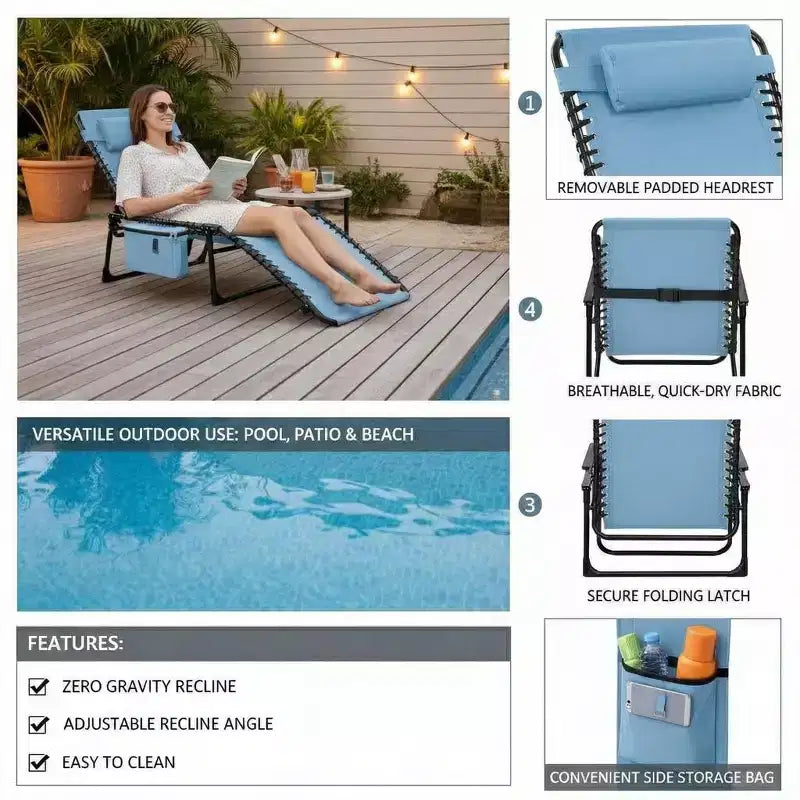 Chaise de plage pliante avec ouverture faciale, oreiller et poches latérales, dossier réglable sur 5 positions, convient aux jardins, bords de piscine, plages et patios
