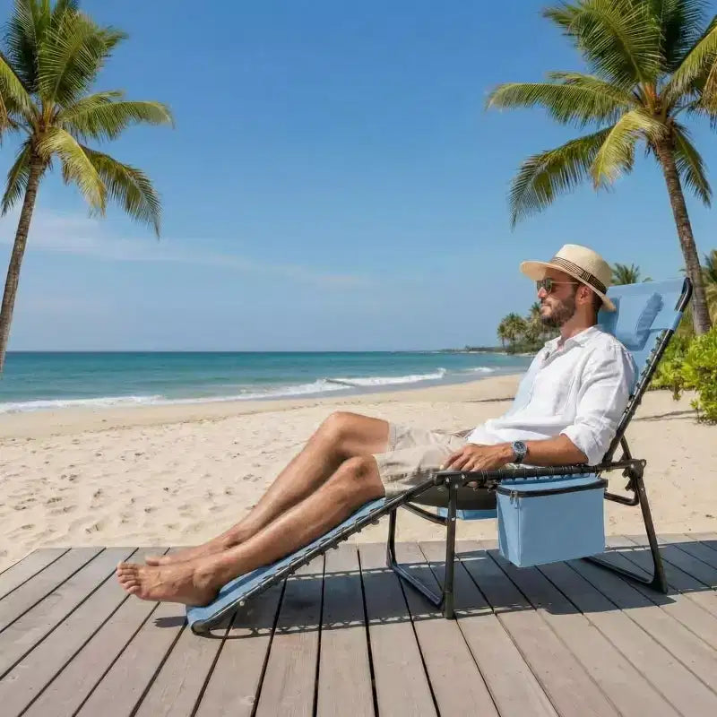 Chaise de plage pliante avec ouverture faciale, oreiller et poches latérales, dossier réglable sur 5 positions, convient aux jardins, bords de piscine, plages et patios