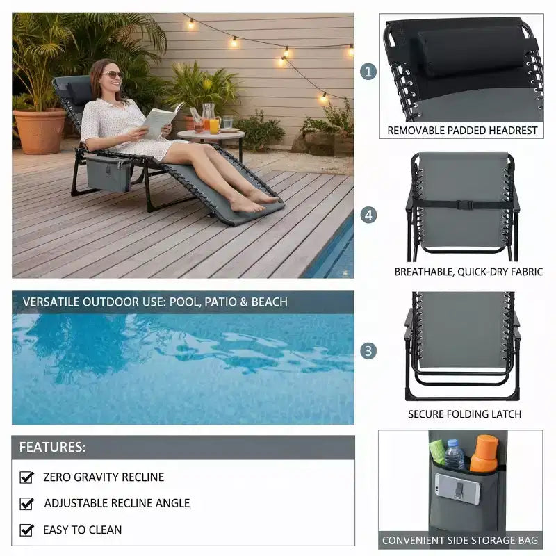 Chaise de plage pliante avec ouverture faciale, oreiller et poches latérales, dossier réglable sur 5 positions, convient aux jardins, bords de piscine, plages et patios