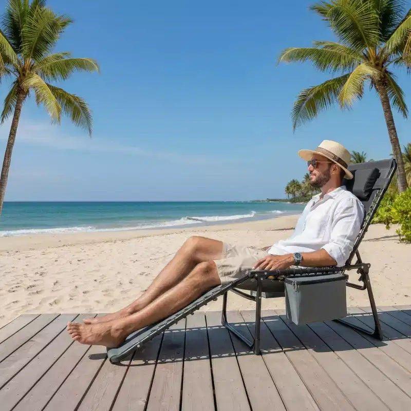Chaise de plage pliante avec ouverture faciale, oreiller et poches latérales, dossier réglable sur 5 positions, convient aux jardins, bords de piscine, plages et patios