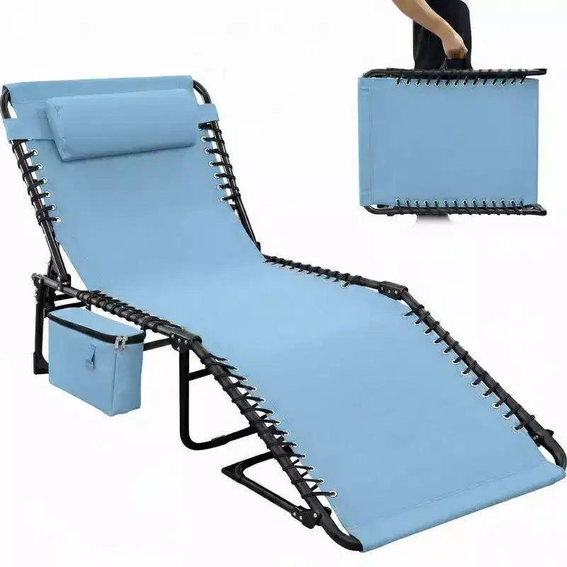 Folding Beach Chair with Face Opening, Pillow and Side Pockets, 5-Position Adjustable Backrest, Suitable for Backyards, Poolside, Beaches and Patios