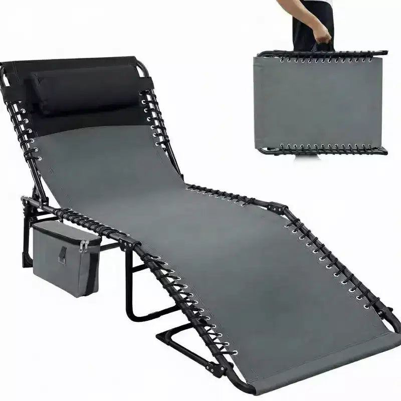 Chaise de plage pliante avec ouverture faciale, oreiller et poches latérales, dossier réglable sur 5 positions, convient aux jardins, bords de piscine, plages et patios
