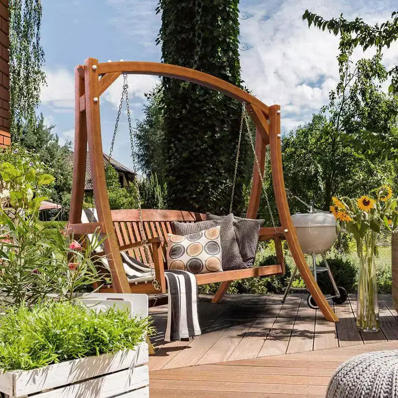 Balançoire de patio en bois pour 3 personnes avec support, couleur teck