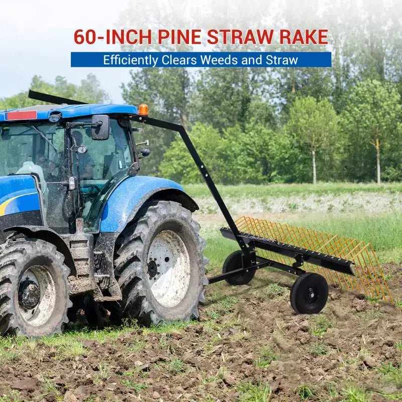 Râteau, râteau à traîner 60 pouces en acier robuste pour la paille de pin, pour VTT, UTV, tracteur, résistant à la corrosion avec 24 dents, poignée de levage et 2 roues